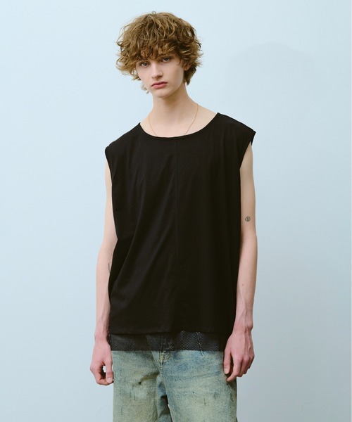 CAMPHOR WOOD(カンファーウッド)の「reversible layered sleeveless cutsew / リバーシブルレイヤードメッシュスリーブレスカットソー(タンクトップ・メンズ・Black/White・SMALL/MEDIUM/LARGE)」の2枚目の写真