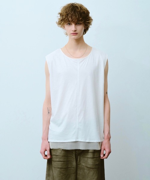CAMPHOR WOOD(カンファーウッド)の「reversible layered sleeveless cutsew / リバーシブルレイヤードメッシュスリーブレスカットソー(タンクトップ・メンズ・Black/White・SMALL/MEDIUM/LARGE)」の1枚目の写真