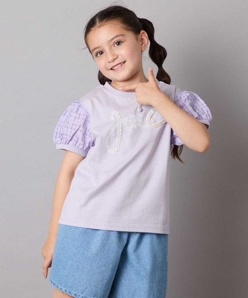 a.v.v（アーヴェヴェ）の「【接触冷感/ジメジメ対策】[120-160]パフスリーブロゴトップス（Tシャツ/カットソー・キッズ・ライラック/ネイビー・130/120/140/150/160）」の2枚目の写真