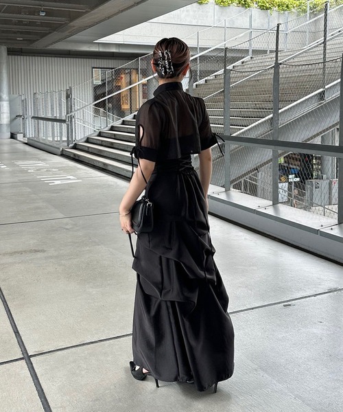 Mavie..7 レースアップサテンタックスカート ナイスクラップ NICE CLAUP 【Mavie..7】後ろレースアップサテン