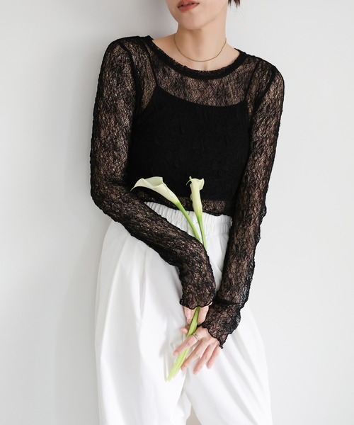 select MOCA（セレクトモカ）の「ストレッチレースクルーネックトップス（シャツ/ブラウス・レディース・ブラック/オフホワイト/グレイッシュベージュ・FREE）」の7枚目の写真