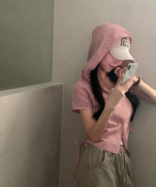 GEMEDA(ジェメダ)の「ギンガムチェックジップアップフーディトップス(Tシャツ/カットソー・レディース・グレー/ピンク・M)」の22枚目の写真