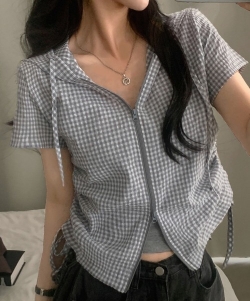 GEMEDA(ジェメダ)の「ギンガムチェックジップアップフーディトップス(Tシャツ/カットソー・レディース・グレー/ピンク・M)」の15枚目の写真