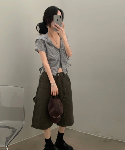 GEMEDA(ジェメダ)の「ギンガムチェックジップアップフーディトップス(Tシャツ/カットソー・レディース・グレー/ピンク・M)」の6枚目の写真