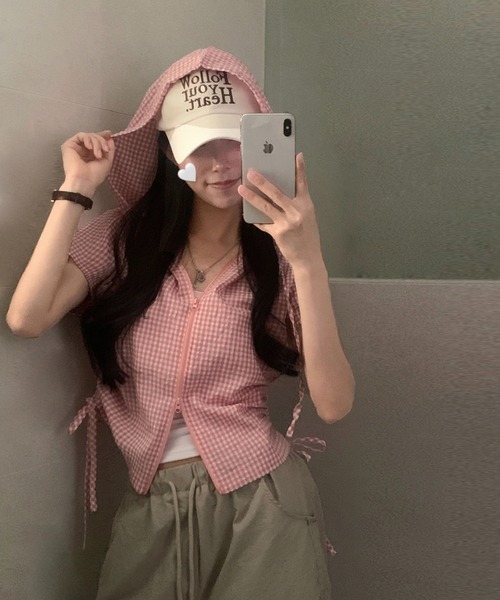 GEMEDA(ジェメダ)の「ギンガムチェックジップアップフーディトップス(Tシャツ/カットソー・レディース・グレー/ピンク・M)」の21枚目の写真