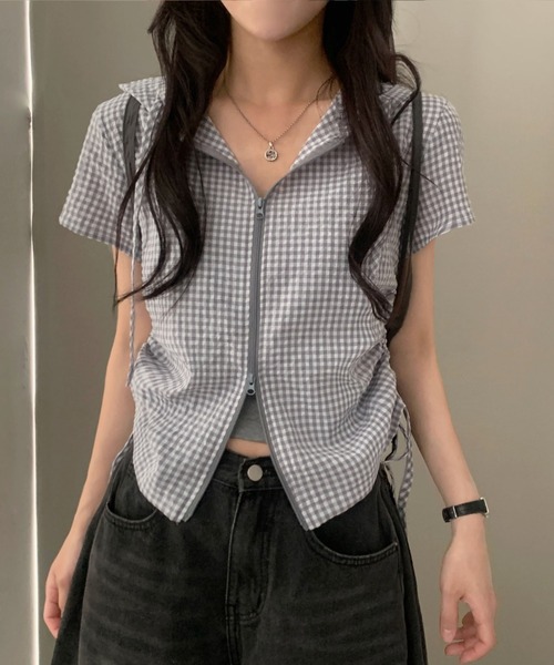 GEMEDA(ジェメダ)の「ギンガムチェックジップアップフーディトップス(Tシャツ/カットソー・レディース・グレー/ピンク・M)」の16枚目の写真