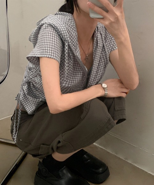 GEMEDA(ジェメダ)の「ギンガムチェックジップアップフーディトップス(Tシャツ/カットソー・レディース・グレー/ピンク・M)」の9枚目の写真