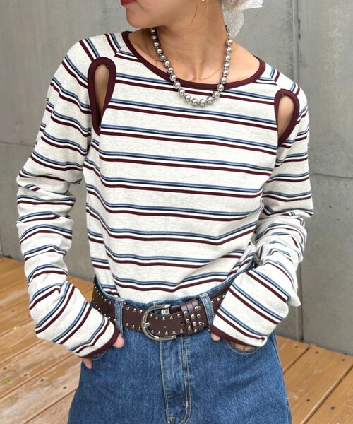 HELLO.SANFRANCISCO（ハローサンフランシスコ）の「【HELLO.SANFRANCISCO/ハローサンフランシスコ】カットアウトマルチボーダーTEE（Tシャツ/カットソー・レディース・グレー/ブラウン/オフホワイト・ONE SIZE）」の3枚目の写真