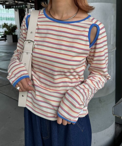 HELLO.SANFRANCISCO（ハローサンフランシスコ）の「【HELLO.SANFRANCISCO/ハローサンフランシスコ】カットアウトマルチボーダーTEE（Tシャツ/カットソー・レディース・グレー/ブラウン/オフホワイト・ONE SIZE）」の2枚目の写真