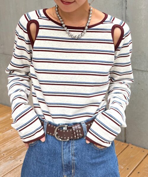 HELLO.SANFRANCISCO（ハローサンフランシスコ）の「【HELLO.SANFRANCISCO/ハローサンフランシスコ】カットアウトマルチボーダーTEE（Tシャツ/カットソー・レディース・グレー/ブラウン/オフホワイト・ONE SIZE）」の4枚目の写真