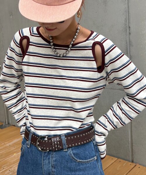 HELLO.SANFRANCISCO（ハローサンフランシスコ）の「【HELLO.SANFRANCISCO/ハローサンフランシスコ】カットアウトマルチボーダーTEE（Tシャツ/カットソー・レディース・グレー/ブラウン/オフホワイト・ONE SIZE）」の5枚目の写真