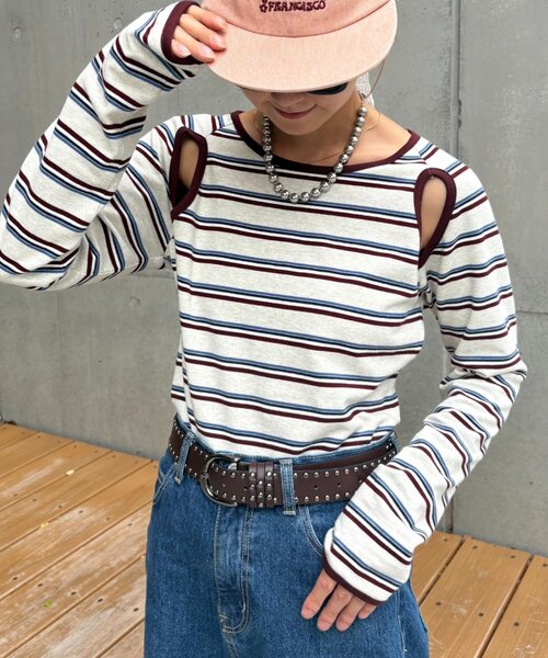 HELLO.SANFRANCISCO（ハローサンフランシスコ）の「【HELLO.SANFRANCISCO/ハローサンフランシスコ】カットアウトマルチボーダーTEE（Tシャツ/カットソー・レディース・グレー/ブラウン/オフホワイト・ONE SIZE）」の6枚目の写真