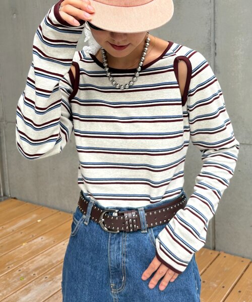 HELLO.SANFRANCISCO（ハローサンフランシスコ）の「【HELLO.SANFRANCISCO/ハローサンフランシスコ】カットアウトマルチボーダーTEE（Tシャツ/カットソー・レディース・グレー/ブラウン/オフホワイト・ONE SIZE）」の7枚目の写真