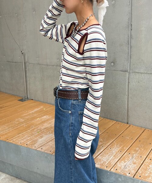 HELLO.SANFRANCISCO（ハローサンフランシスコ）の「【HELLO.SANFRANCISCO/ハローサンフランシスコ】カットアウトマルチボーダーTEE（Tシャツ/カットソー・レディース・グレー/ブラウン/オフホワイト・ONE SIZE）」の10枚目の写真