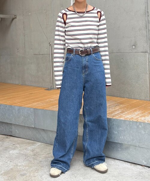 HELLO.SANFRANCISCO（ハローサンフランシスコ）の「【HELLO.SANFRANCISCO/ハローサンフランシスコ】カットアウトマルチボーダーTEE（Tシャツ/カットソー・レディース・グレー/ブラウン/オフホワイト・ONE SIZE）」の11枚目の写真