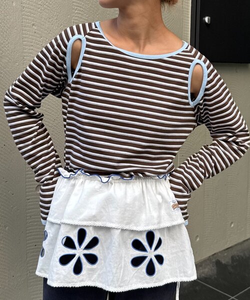 HELLO.SANFRANCISCO（ハローサンフランシスコ）の「【HELLO.SANFRANCISCO/ハローサンフランシスコ】カットアウトマルチボーダーTEE（Tシャツ/カットソー・レディース・グレー/ブラウン/オフホワイト・ONE SIZE）」の15枚目の写真