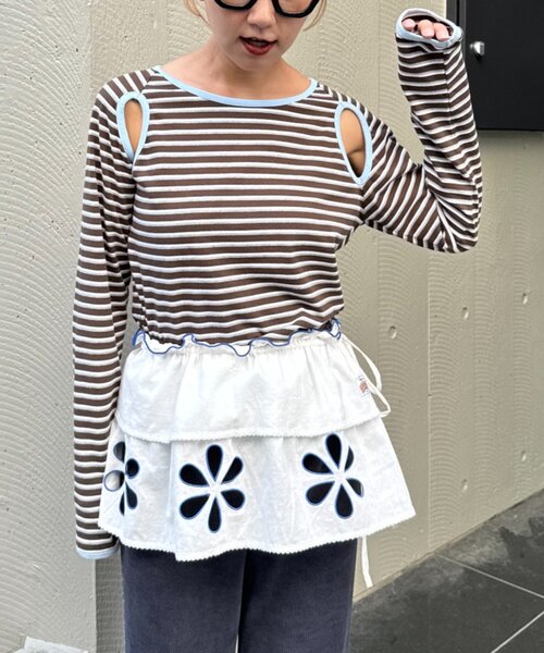 HELLO.SANFRANCISCO（ハローサンフランシスコ）の「【HELLO.SANFRANCISCO/ハローサンフランシスコ】カットアウトマルチボーダーTEE（Tシャツ/カットソー・レディース・グレー/ブラウン/オフホワイト・ONE SIZE）」の20枚目の写真