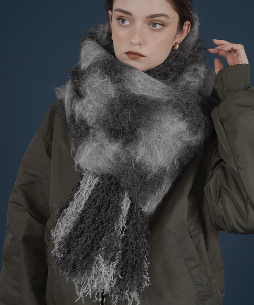 バイカラーチェックモヘアタッチシャギーボリュームフリンジカラー