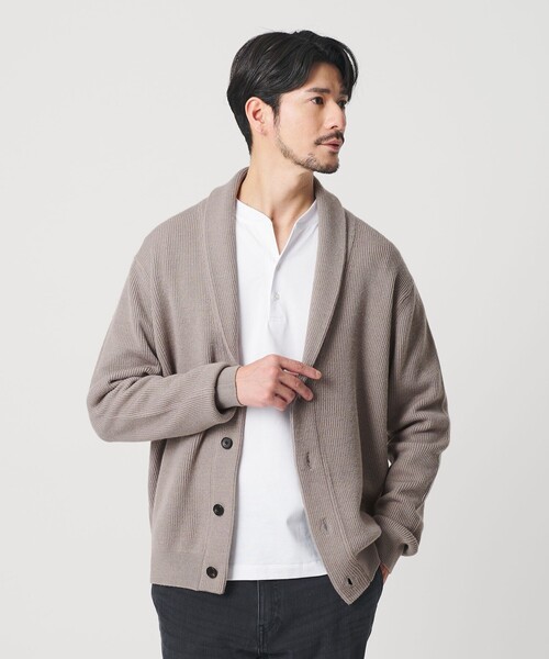 美品 ユナイテッドアローズ ノーカラー ジャーディガン カーディガン L グレー WEB限定 WARDROBE SMART】ウォッシャブル ショールカラー カーディガン