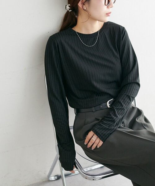 DISCOAT(ディスコート)の「【WEB限定】ワイドリブロンT(Tシャツ/カットソー・レディース・ブラウン/ブラック/グレイッシュベージュ/オフホワイト・FREE)」の7枚目の写真