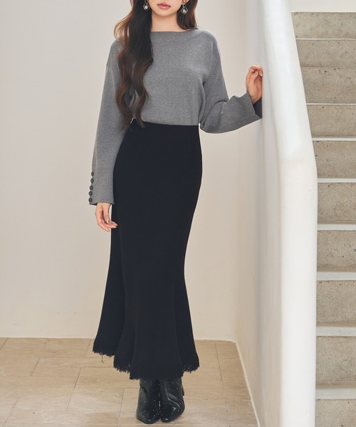 SAISON DE PAPILLON（セゾンドパピヨン）の「マーメイド裾フリンジニットロングスカート（スカート・レディース・ブラック/チョコ/グレー・L/M/S）」の9枚目の写真