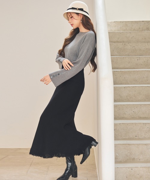 SAISON DE PAPILLON（セゾンドパピヨン）の「マーメイド裾フリンジニットロングスカート（スカート・レディース・ブラック/チョコ/グレー・L/M/S）」の10枚目の写真
