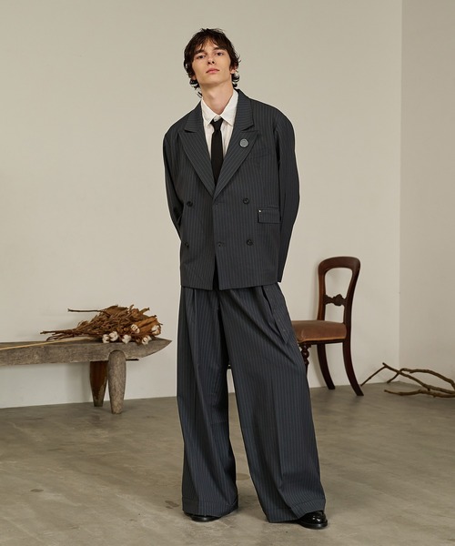 SOERTE ストライプ ダブルブレストジャケット Striped Double-Breasted Jacket /ストライプダブルブレスト
