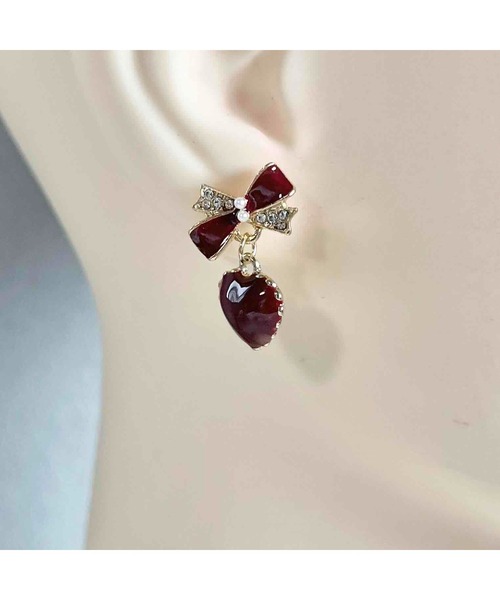 tone(トーン)の「【88eighty-eight】ワインレッドゴールドアンティークリボンハートピアス【import】(MA)(ピアス(両耳用)・レディース・レッド・FREE)」の5枚目の写真