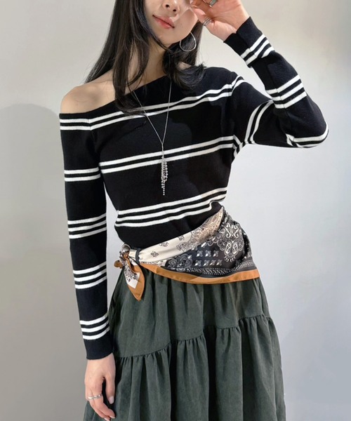 Jewelobe（ジュエローブ）の「アシンメトリーボーダータイトニットトップス（ニット/セーター・レディース・ブラック/ネイビー/レッド・FREE）」の7枚目の写真
