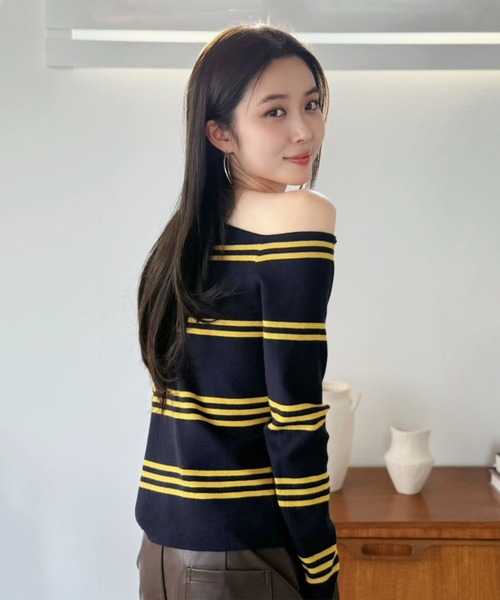 Jewelobe（ジュエローブ）の「アシンメトリーボーダータイトニットトップス（ニット/セーター・レディース・ブラック/ネイビー/レッド・FREE）」の17枚目の写真