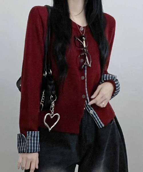 VIVID LADY（ビビッドレディー）の「チェック柄シャツドッキング ニットカーディガン（ニット/セーター・レディース・グレー/レッド/ブラック/ネイビー・FREE）」の4枚目の写真