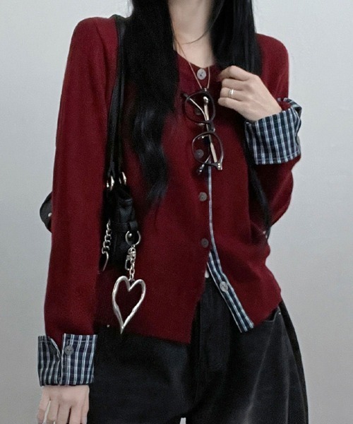 VIVID LADY（ビビッドレディー）の「チェック柄シャツドッキング ニットカーディガン（ニット/セーター・レディース・グレー/レッド/ブラック/ネイビー・FREE）」の12枚目の写真