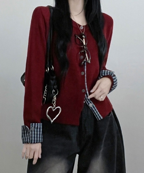 VIVID LADY（ビビッドレディー）の「チェック柄シャツドッキング ニットカーディガン（ニット/セーター・レディース・グレー/レッド/ブラック/ネイビー・FREE）」の21枚目の写真