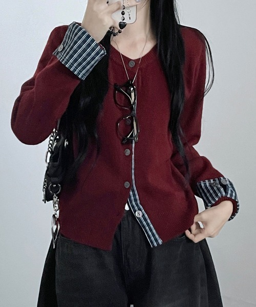 VIVID LADY（ビビッドレディー）の「チェック柄シャツドッキング ニットカーディガン（ニット/セーター・レディース・グレー/レッド/ブラック/ネイビー・FREE）」の13枚目の写真