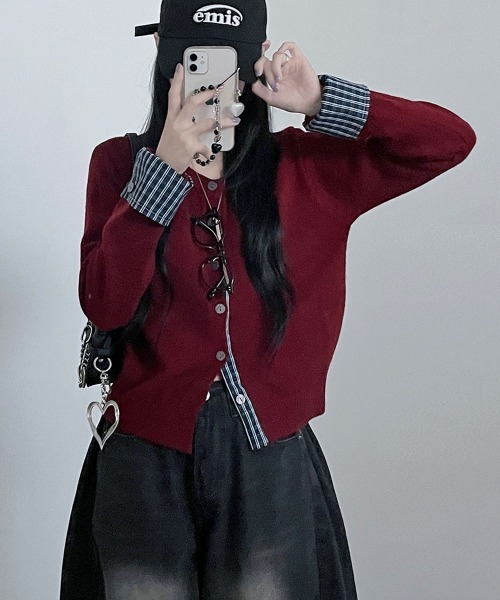 VIVID LADY（ビビッドレディー）の「チェック柄シャツドッキング ニットカーディガン（ニット/セーター・レディース・グレー/レッド/ブラック/ネイビー・FREE）」の14枚目の写真