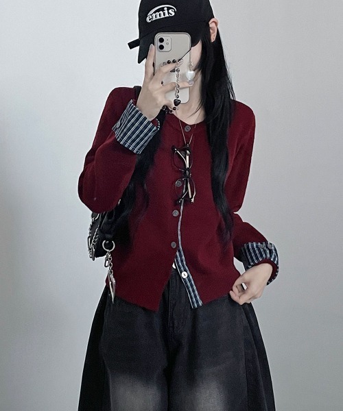 VIVID LADY（ビビッドレディー）の「チェック柄シャツドッキング ニットカーディガン（ニット/セーター・レディース・グレー/レッド/ブラック/ネイビー・FREE）」の22枚目の写真
