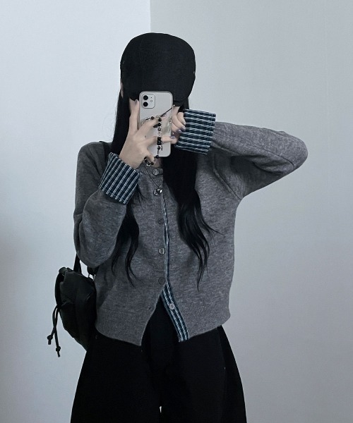 VIVID LADY（ビビッドレディー）の「チェック柄シャツドッキング ニットカーディガン（ニット/セーター・レディース・グレー/レッド/ブラック/ネイビー・FREE）」の16枚目の写真
