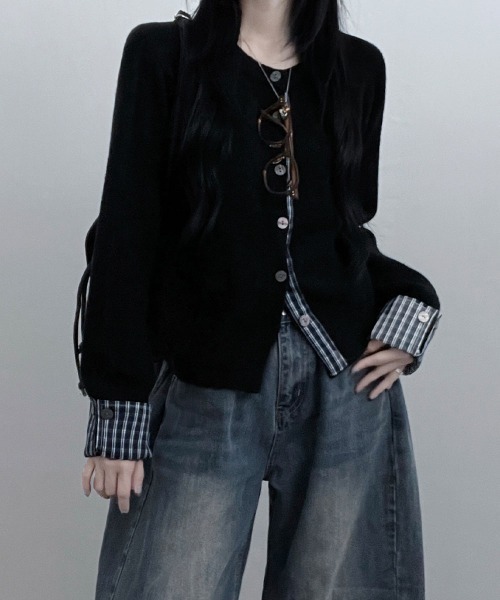VIVID LADY（ビビッドレディー）の「チェック柄シャツドッキング ニットカーディガン（ニット/セーター・レディース・グレー/レッド/ブラック/ネイビー・FREE）」の18枚目の写真