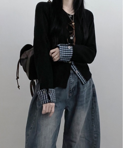 VIVID LADY（ビビッドレディー）の「チェック柄シャツドッキング ニットカーディガン（ニット/セーター・レディース・グレー/レッド/ブラック/ネイビー・FREE）」の19枚目の写真