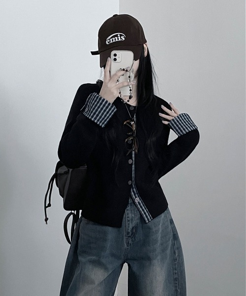 VIVID LADY（ビビッドレディー）の「チェック柄シャツドッキング ニットカーディガン（ニット/セーター・レディース・グレー/レッド/ブラック/ネイビー・FREE）」の20枚目の写真