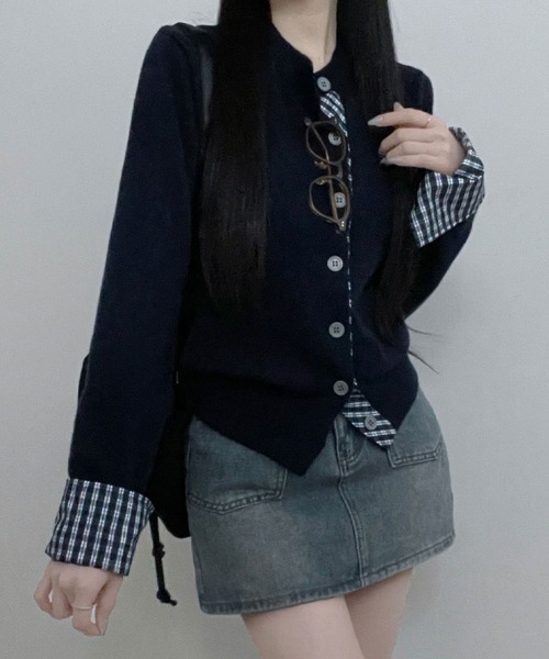 VIVID LADY（ビビッドレディー）の「チェック柄シャツドッキング ニットカーディガン（ニット/セーター・レディース・グレー/レッド/ブラック/ネイビー・FREE）」の5枚目の写真