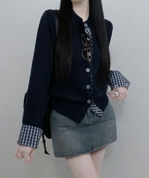 VIVID LADY（ビビッドレディー）の「チェック柄シャツドッキング ニットカーディガン（ニット/セーター・レディース・グレー/レッド/ブラック/ネイビー・FREE）」の8枚目の写真