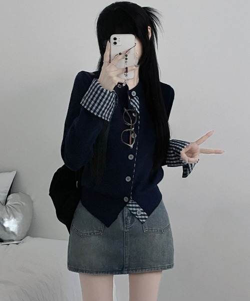 VIVID LADY（ビビッドレディー）の「チェック柄シャツドッキング ニットカーディガン（ニット/セーター・レディース・グレー/レッド/ブラック/ネイビー・FREE）」の7枚目の写真