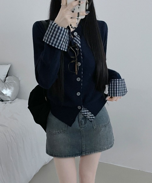 VIVID LADY（ビビッドレディー）の「チェック柄シャツドッキング ニットカーディガン（ニット/セーター・レディース・グレー/レッド/ブラック/ネイビー・FREE）」の6枚目の写真