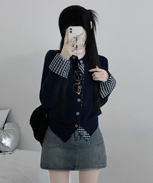 VIVID LADY（ビビッドレディー）の「チェック柄シャツドッキング ニットカーディガン（ニット/セーター・レディース・グレー/レッド/ブラック/ネイビー・FREE）」の9枚目の写真