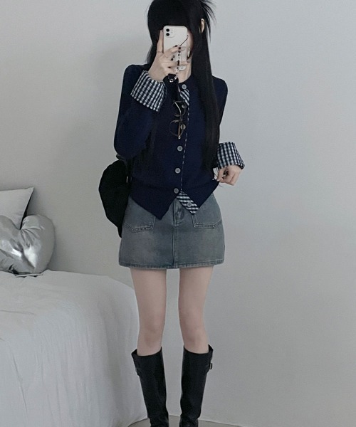 VIVID LADY（ビビッドレディー）の「チェック柄シャツドッキング ニットカーディガン（ニット/セーター・レディース・グレー/レッド/ブラック/ネイビー・FREE）」の10枚目の写真
