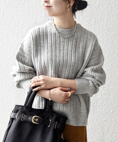 SHIPS any: リブ タック編み クルーネック ボタン ニット プルオーバー