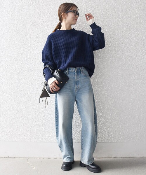 SHIPS any: リブ タック編み クルーネック ボタン ニット プルオーバー
