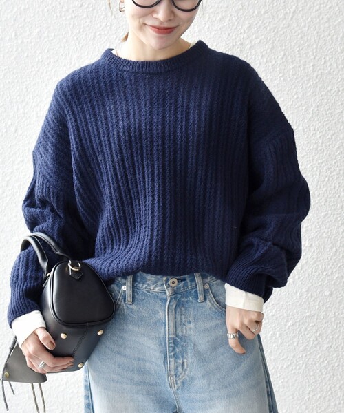 SHIPS any: リブ タック編み クルーネック ボタン ニット プルオーバー