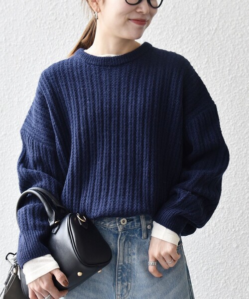 SHIPS any: リブ タック編み クルーネック ボタン ニット プルオーバー